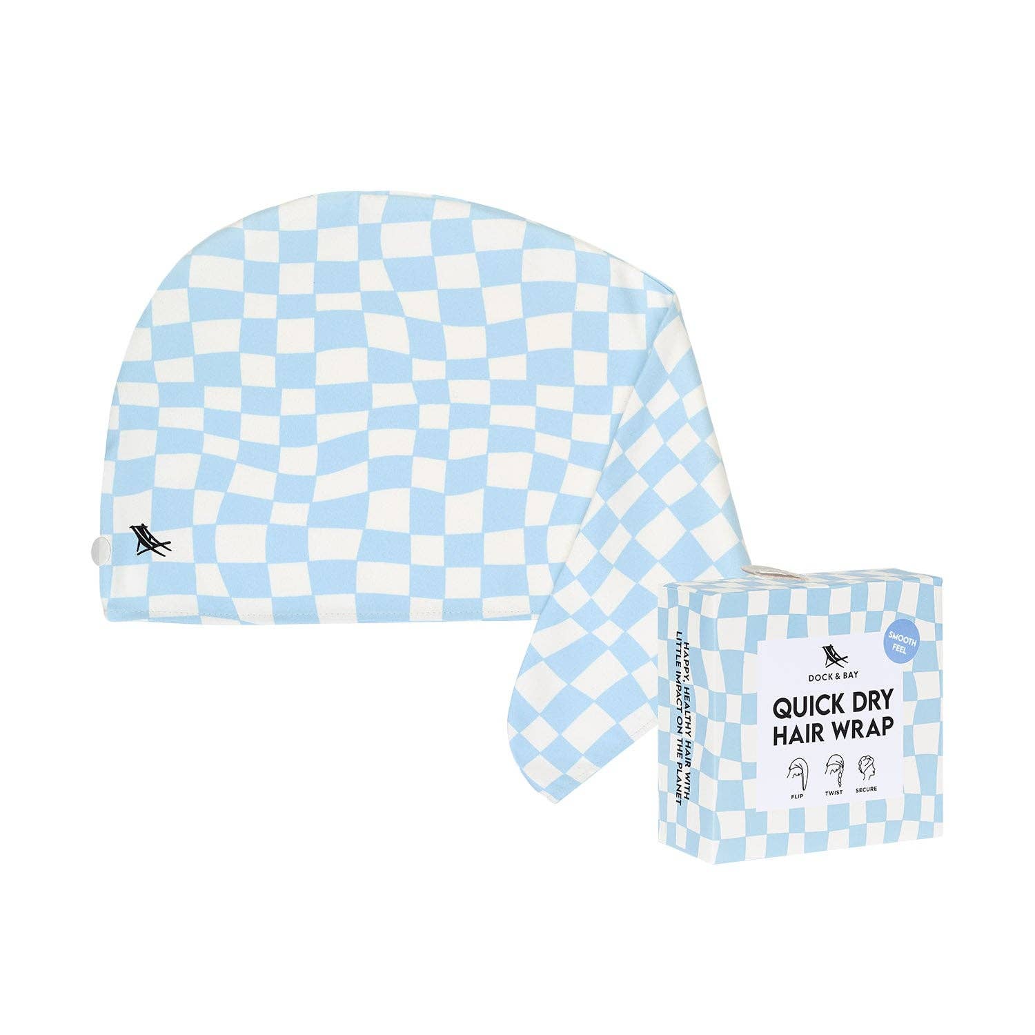 Blue and white checkered quick dry hair wrap with packaging on a white background
