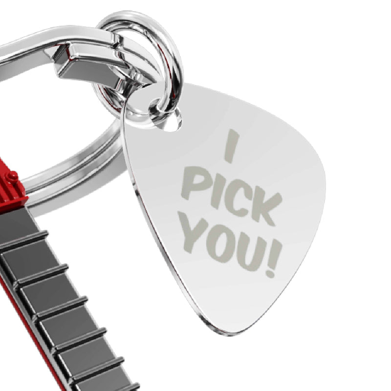 Keychain with guitar pick-shaped charm that says 'I Pick You!' on a white background