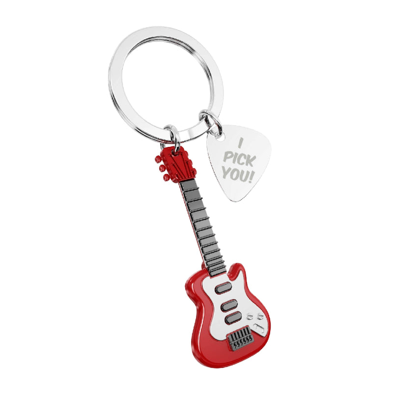 Red guitar-shaped keychain with a pick and 'I Pick You!' tag on a white background
