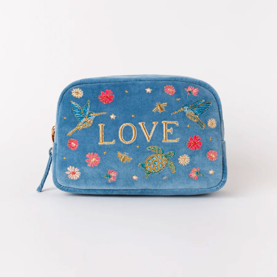Elizabeth Scarlett cosmetic bag blue velvet embroidered love