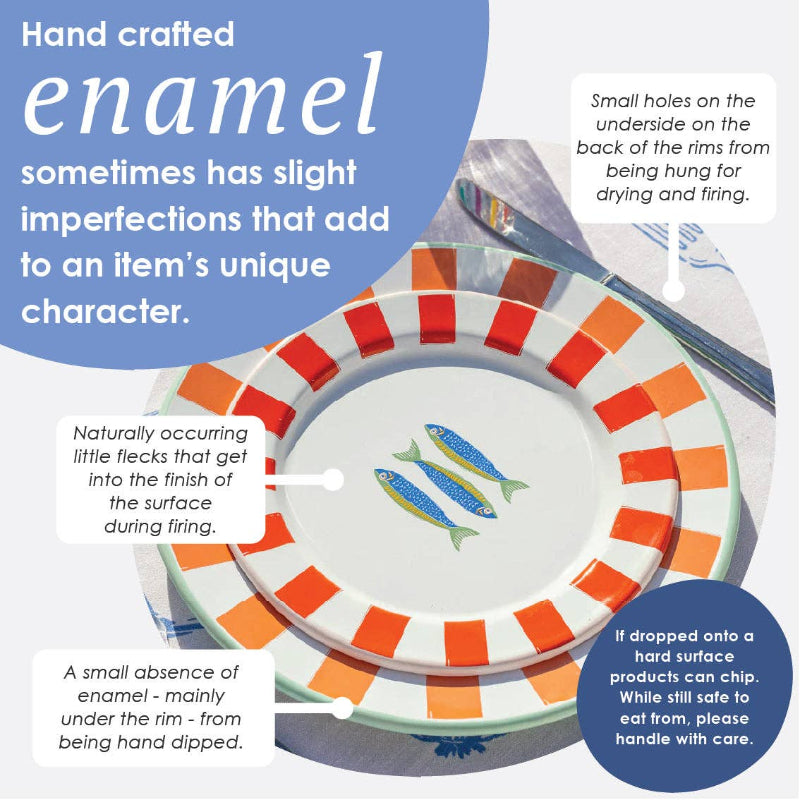 Decorative plate with colorful rim design and text about handcrafted enamelware.