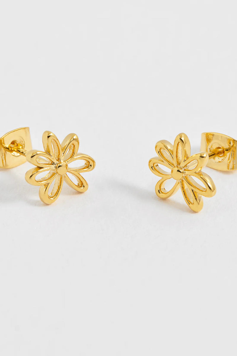 Gold flower-shaped earrings on a white background