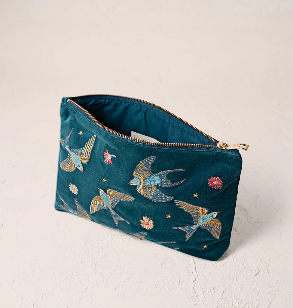 BLUE VELET POUCH WITH EMBROIDERED SWALLOWS