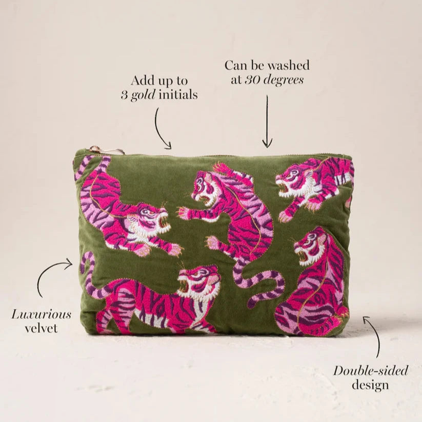 Elizabeth Scarlett Wild Tiger Fern Velvet Everyday Pouch with details