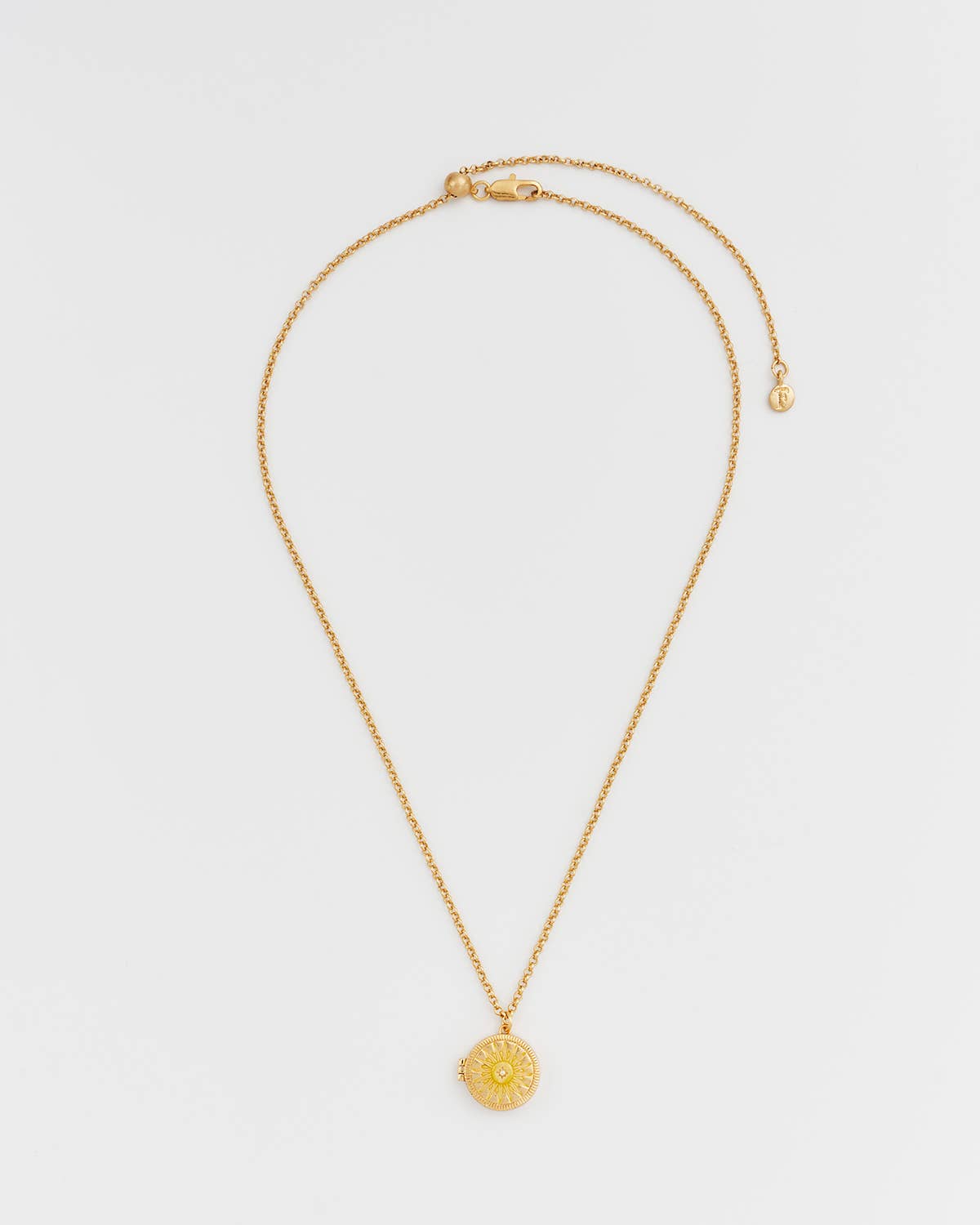 Gold necklace with a pendant on a light gray background