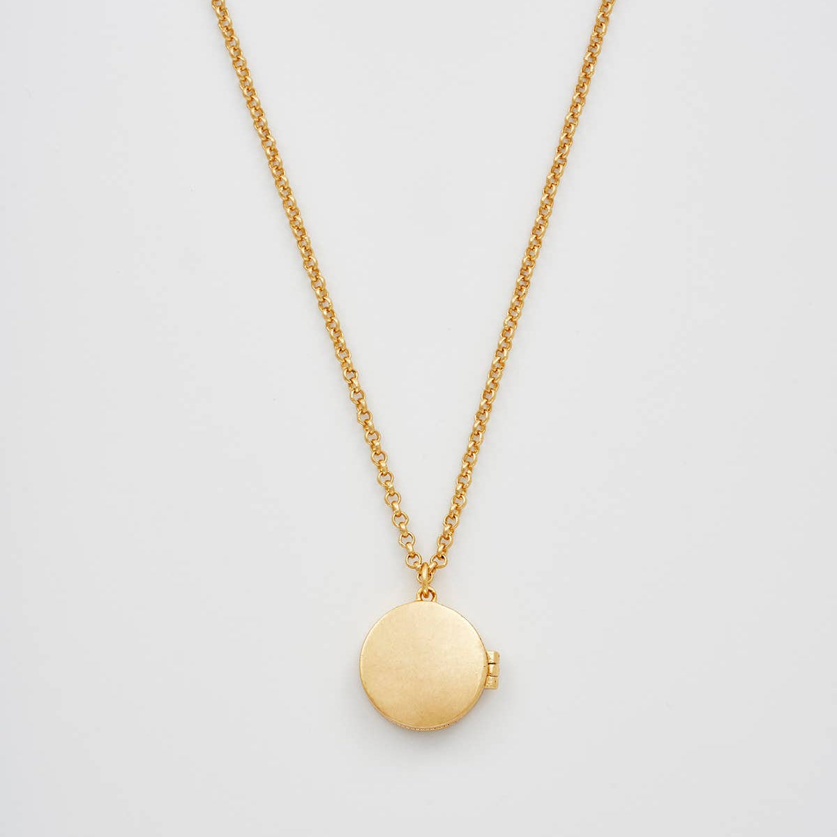 Gold necklace with a round pendant on a light gray background