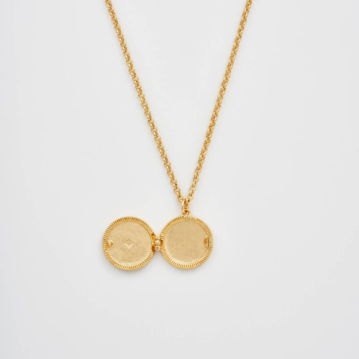 Gold necklace with two round pendants on a light gray background