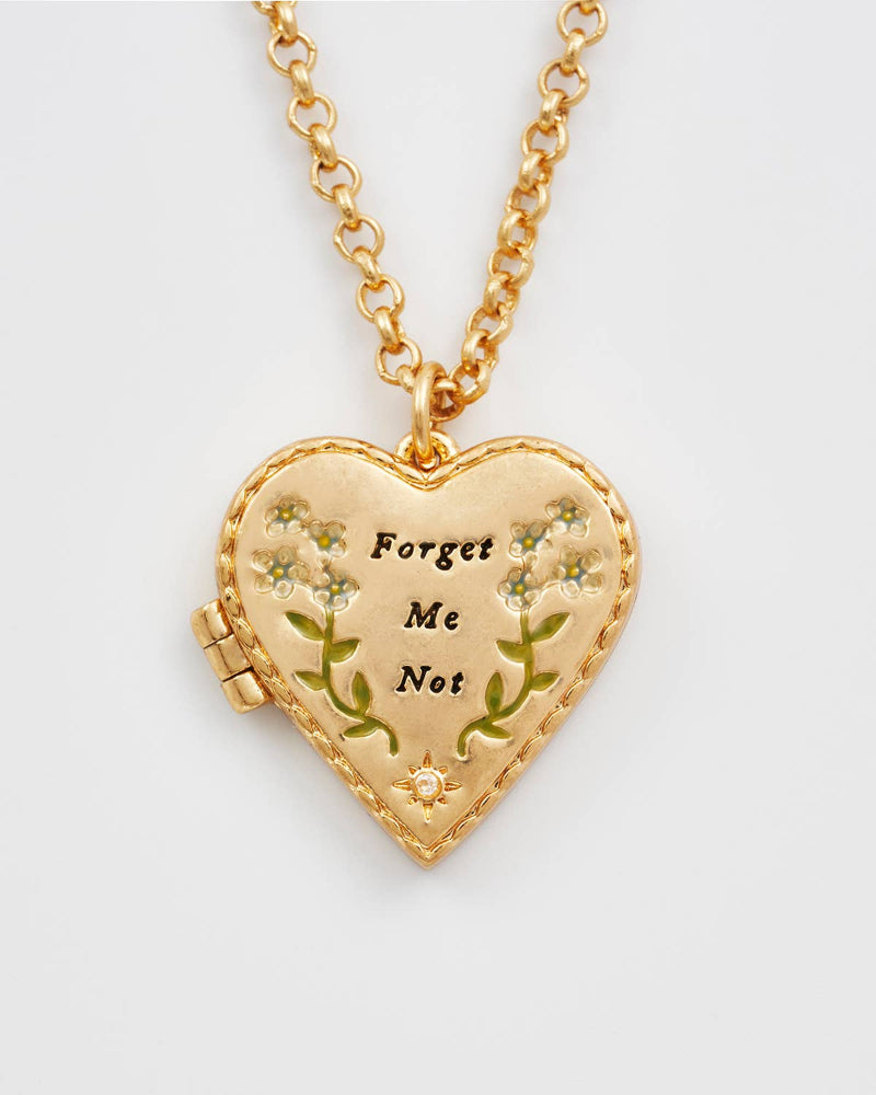 Fable England Gold heart-shaped locket with 'Forget Me Not' engraving on a white background