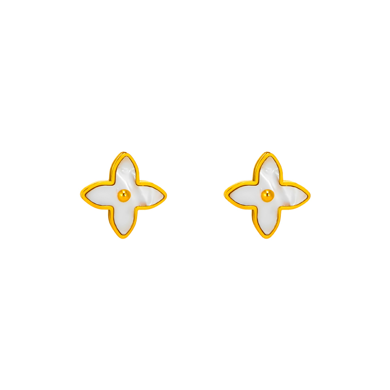 Four leaf flower earring in white & gold