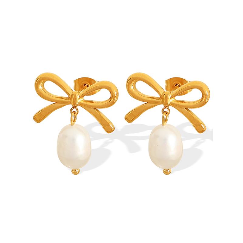 Gold Bow Earrings With Pearl Drop