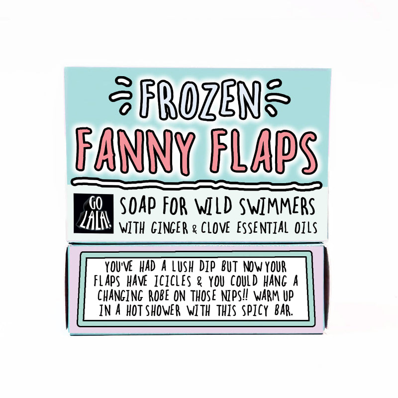 Soap packaging for 'Frozen Fanny Flaps' with humorous text on a light blue background