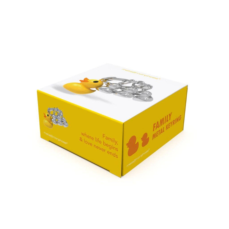 Yellow box with a rubber duck and metal chain on a white background