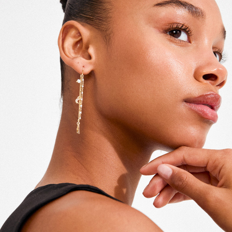 Close up of a person wearing long earrings on a white background