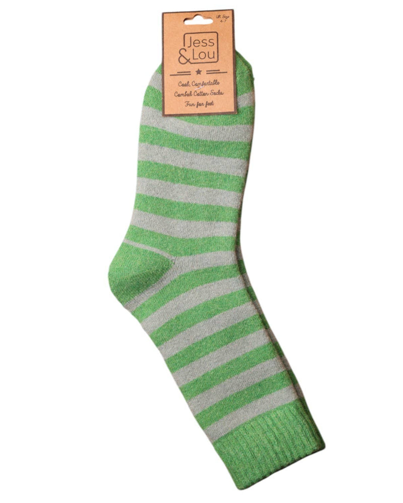 Green and gray striped sock with 'Jess & Lou' packaging on a white background