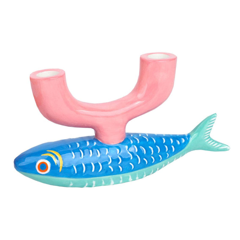 Inflatable fish pool toy with pink mouthpiece on a white background