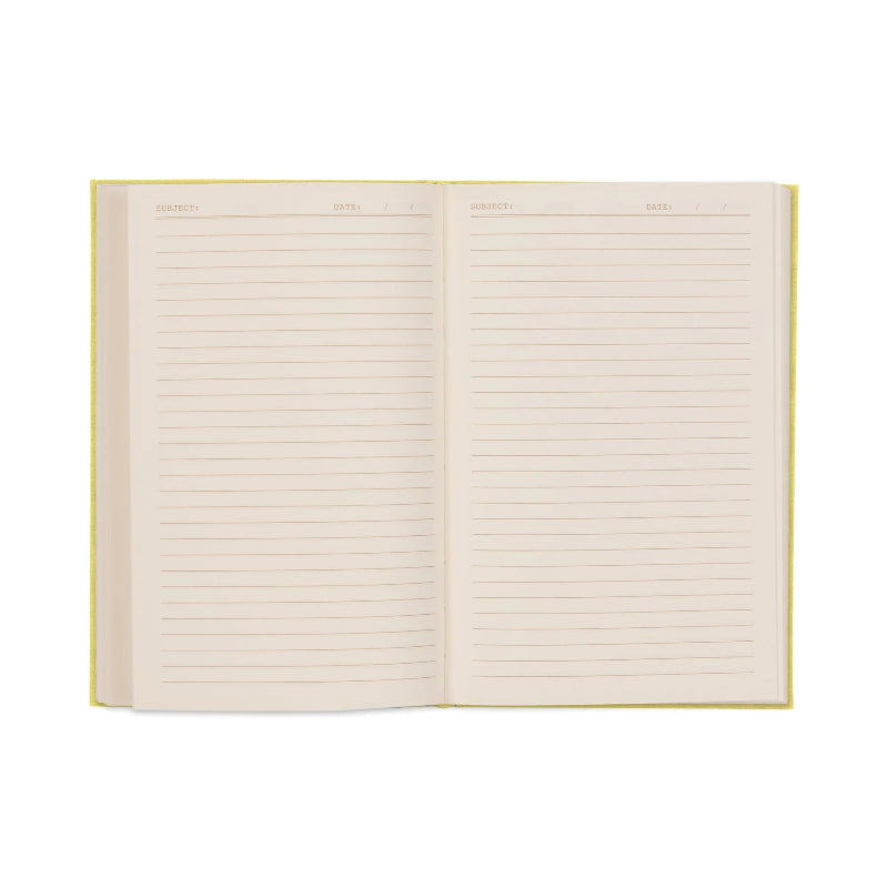Open notebook with lined pages on a white background