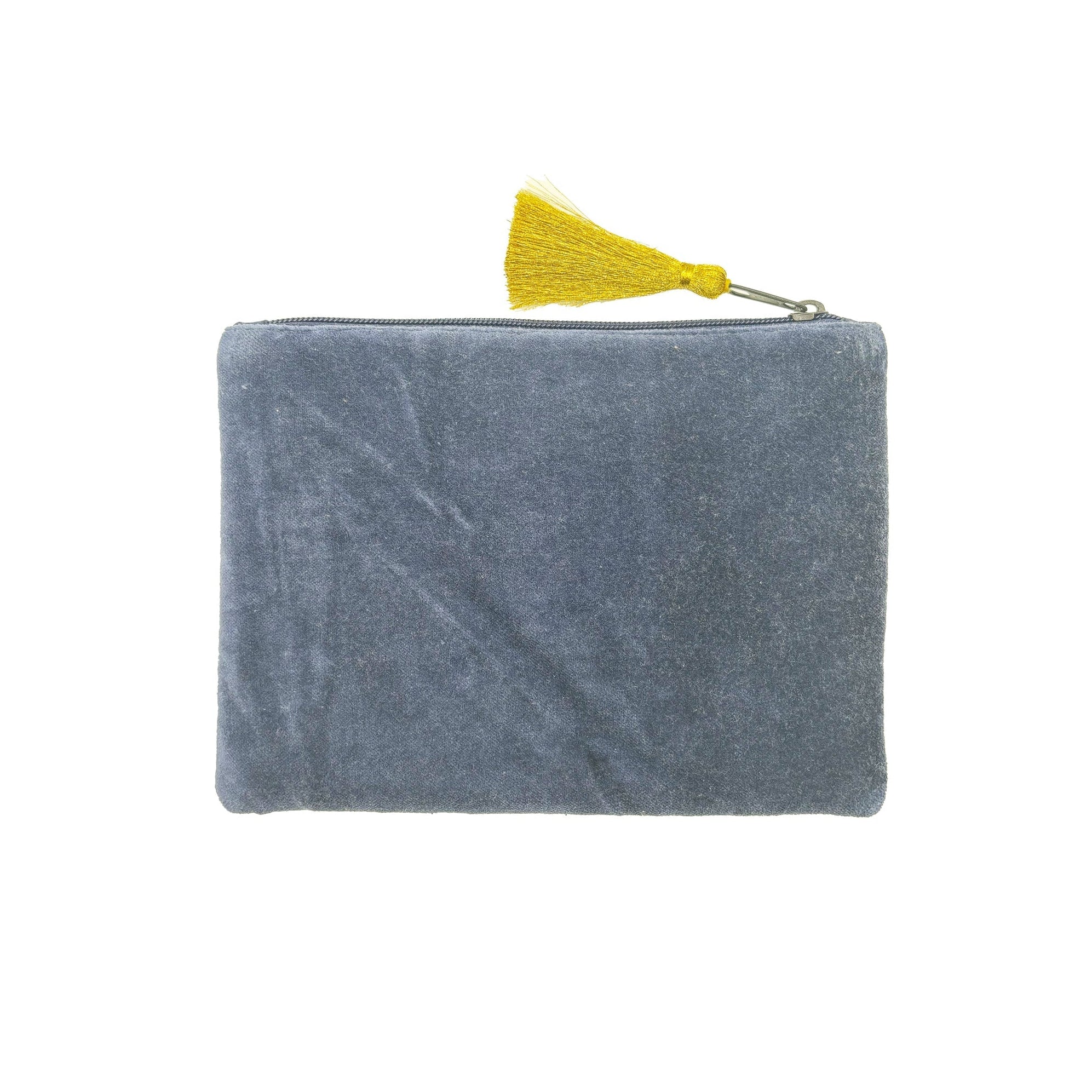Gray velvet pouch with a yellow tassel on a white background
