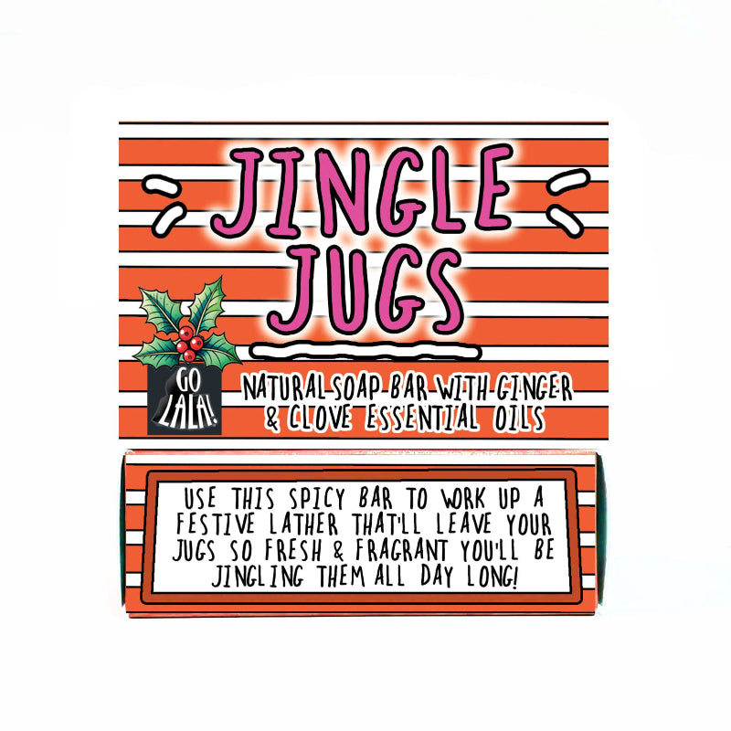 Jingle Jugs natural soap bar packaging with ginger and clove essential oils on a white background.