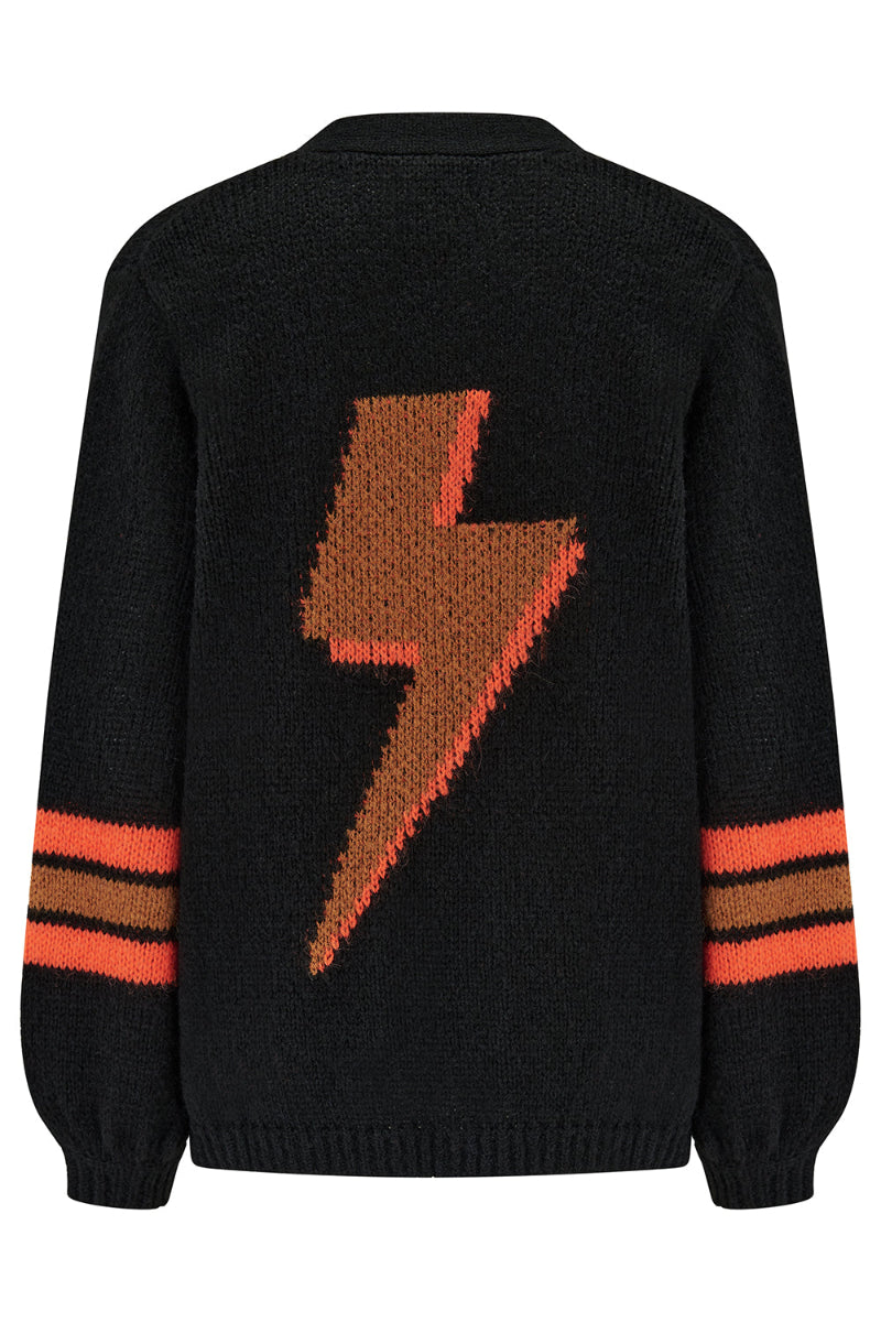 Black sweater with a brown lightning bolt design on the back, worn by a person.