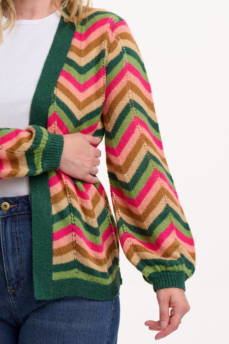 Sugarhill Bella Cardigan Multicoloured chevron-patterned cardigan worn by a person on a white background