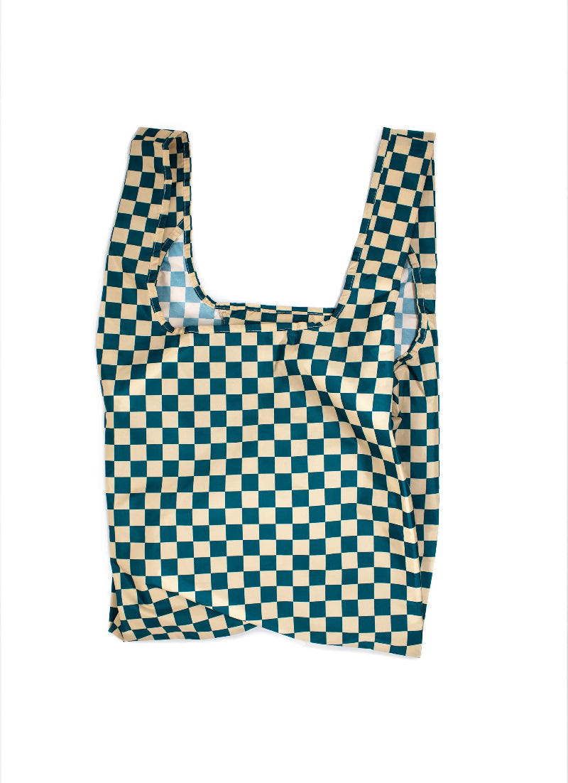  Kind Bag Reusable Shopper eal and Beige Checkered reusable bag with blue and beige pattern on a white background