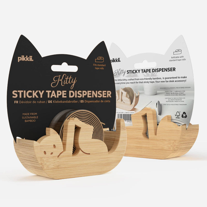 Cat-shaped sticky tape dispenser with packaging on a white background