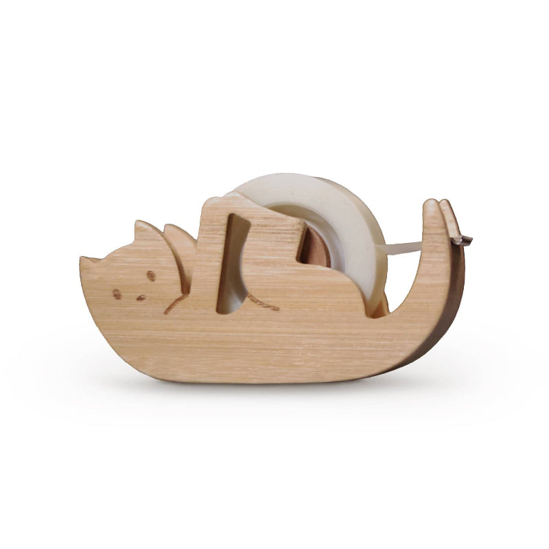 Wooden tape dispenser shaped like a cat on a white background