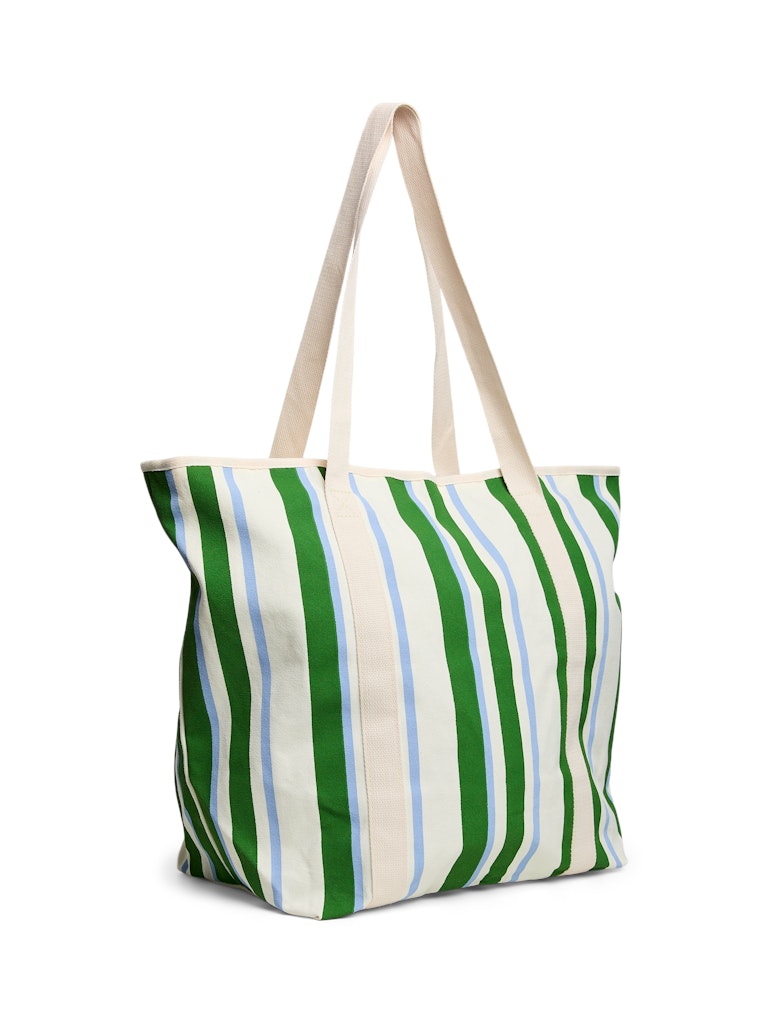 Striped tote bag with green, blue, and white pattern on a white background