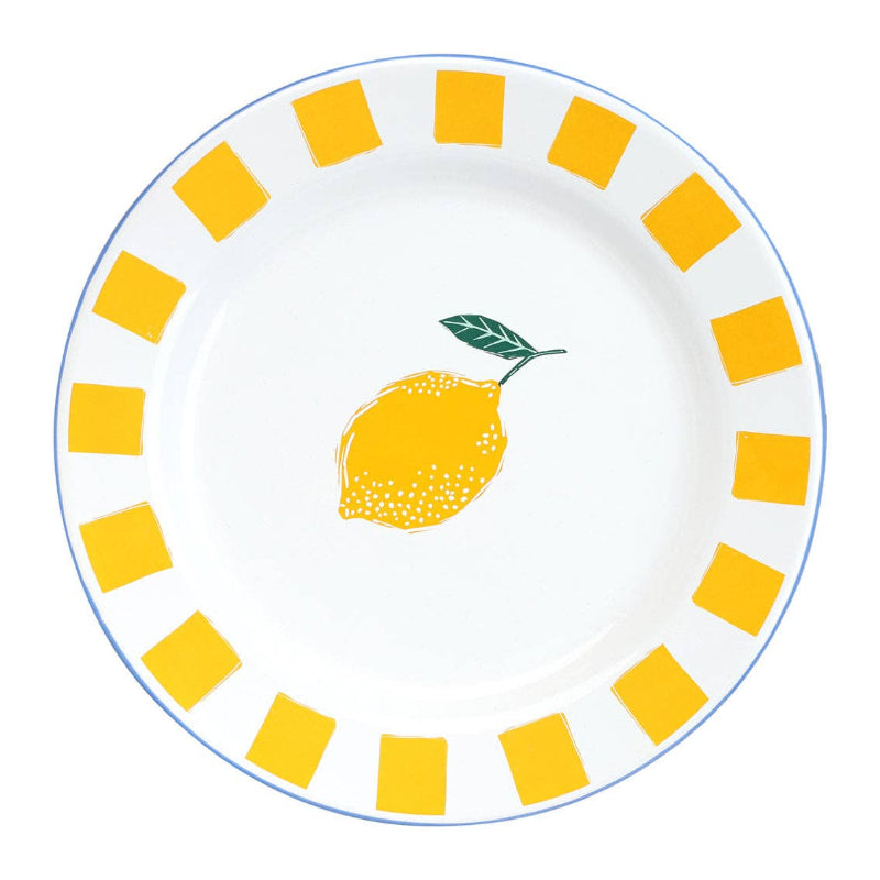 White plate with yellow lemon design and decorative border on a white background