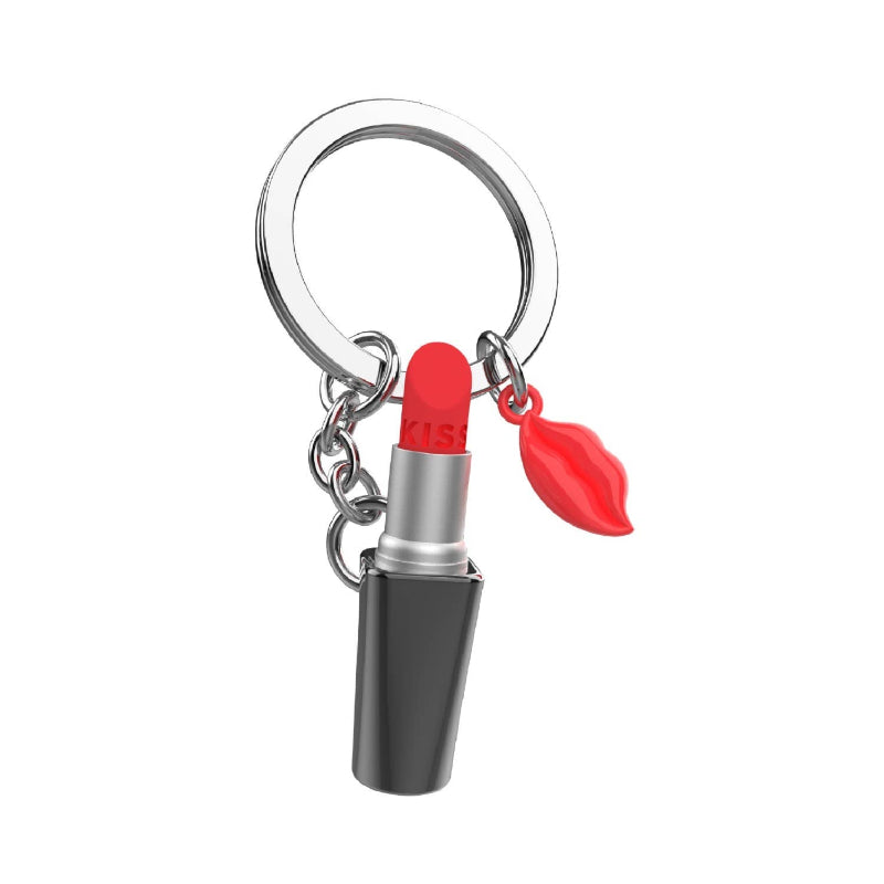 Lipstick-shaped keychain with a red leaf on a white background
