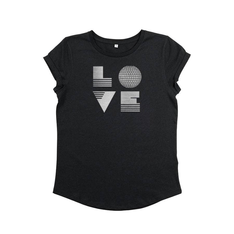 Black t-shirt with 'LOVE' graphic design on a white background