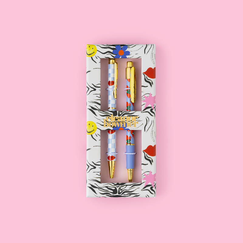 Lips & Hearts Pen & Pencil Set - Two pens in a decorative box on a pink background