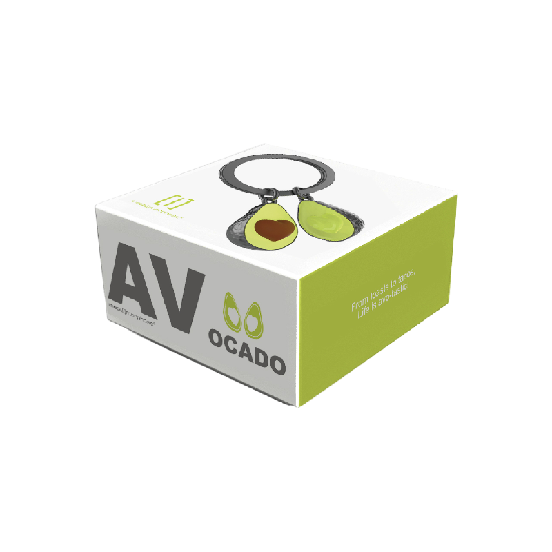 A product box for 'AV OCADO' featuring a white and lime green design with a graphic of an avocado on a black ring, shown on a plain white background.