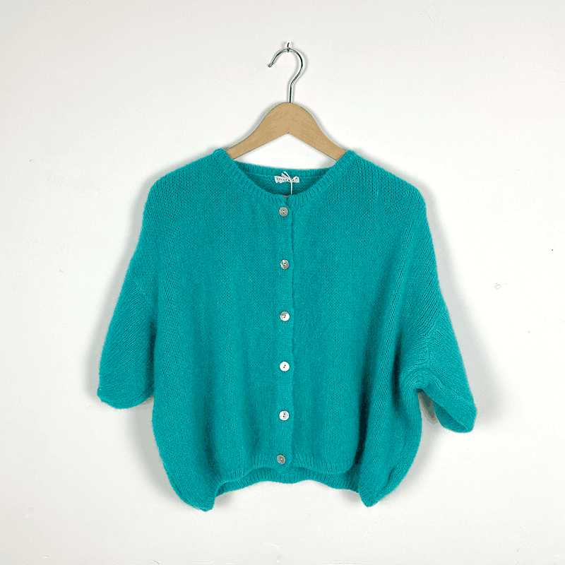 Short Sleeve Cropped Mohair Cardigan Teal