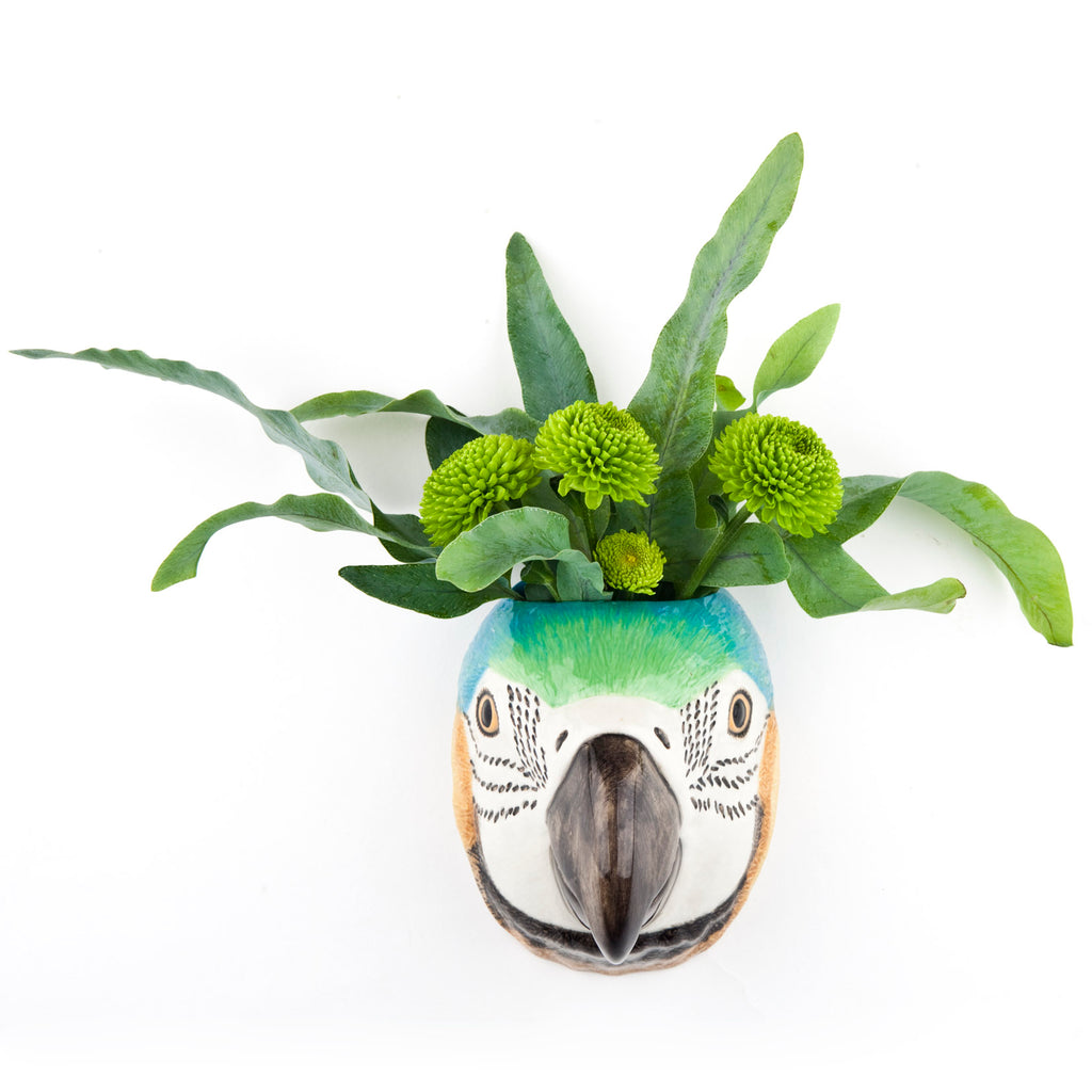 Macaw parrot wall vase with green flowers