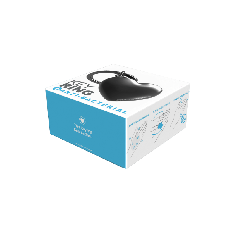 Box of a heart-shaped key ring with antibacterial properties on a white background