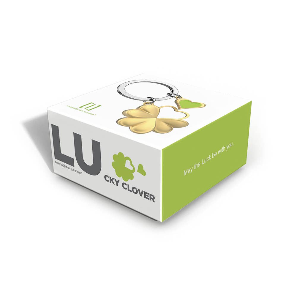 Metalmorphose Gold four-leaf clover keychain in a branded box with 'LUcky Clover' text.