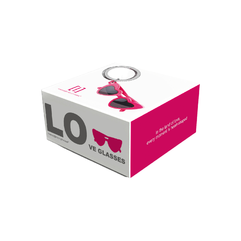 Keychain with pink sunglasses and packaging labeled 'LOVE GLASSES' on a white background