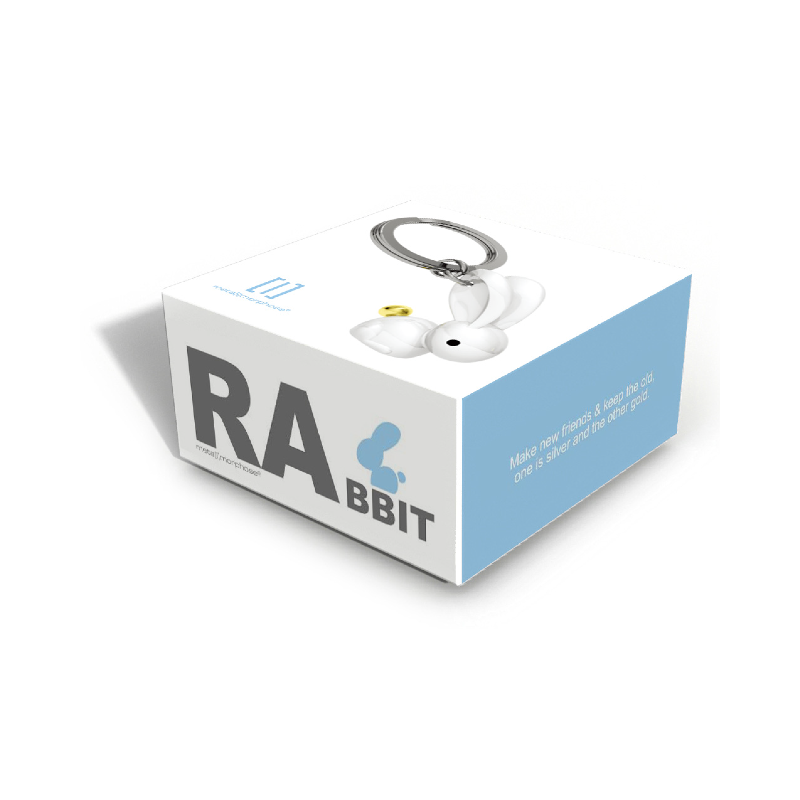 White rabbit-shaped keychain with 'RA BBIT' branding on a white background
