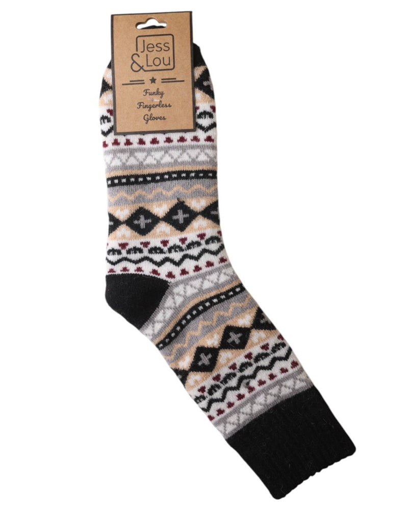 Patterned sock with packaging on a white background