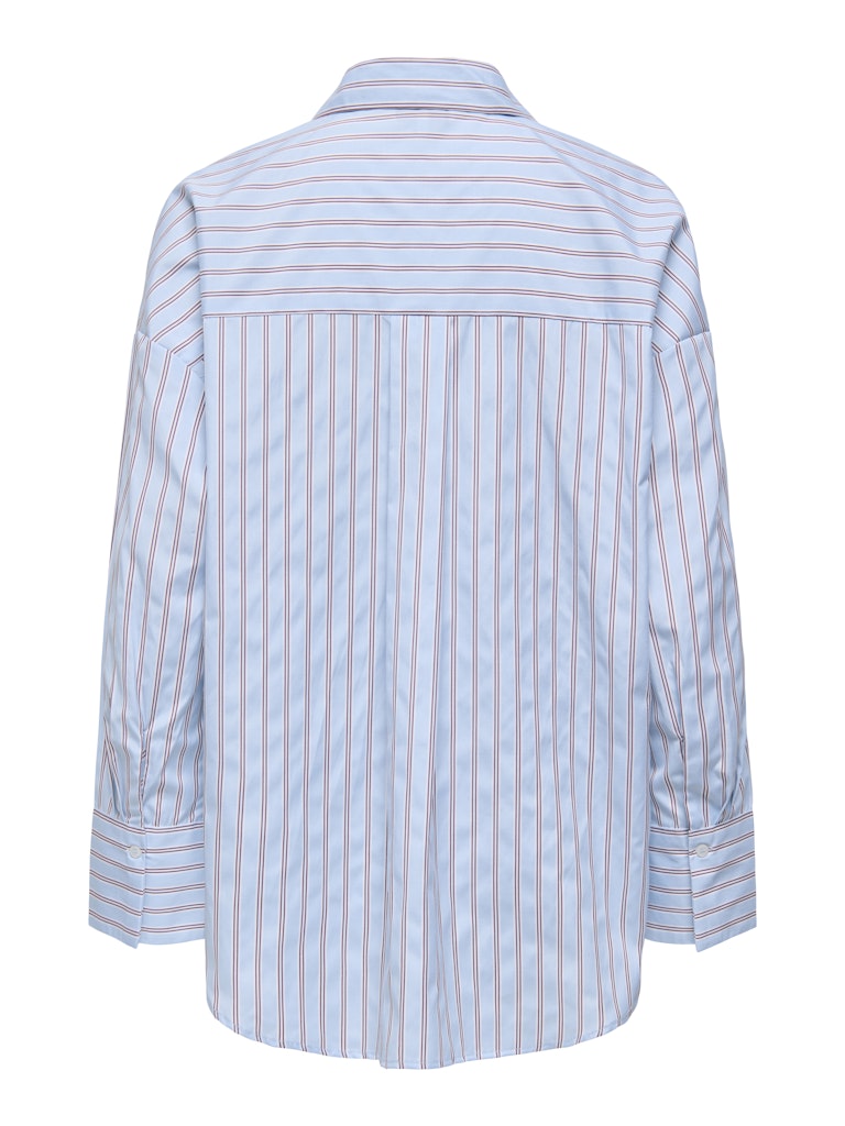 A light blue and white striped button-down shirt shown from the back, featuring thin red vertical pinstripes and a classic collar.