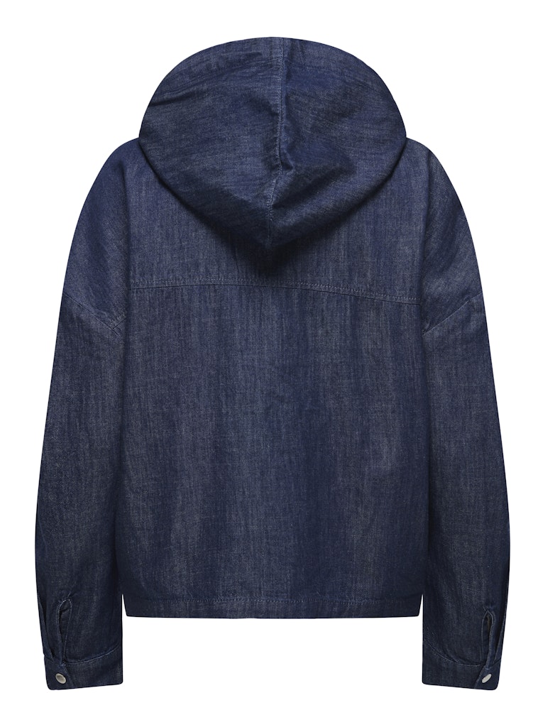 Blue denim jacket with a hood on a white background