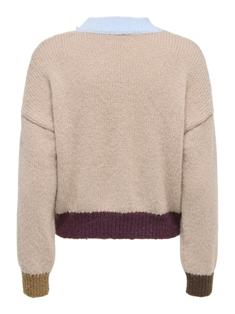 A beige knit sweater with a light blue crew neck, a dark purple ribbed hem, and brown ribbed cuffs, shown from the back on a white background.