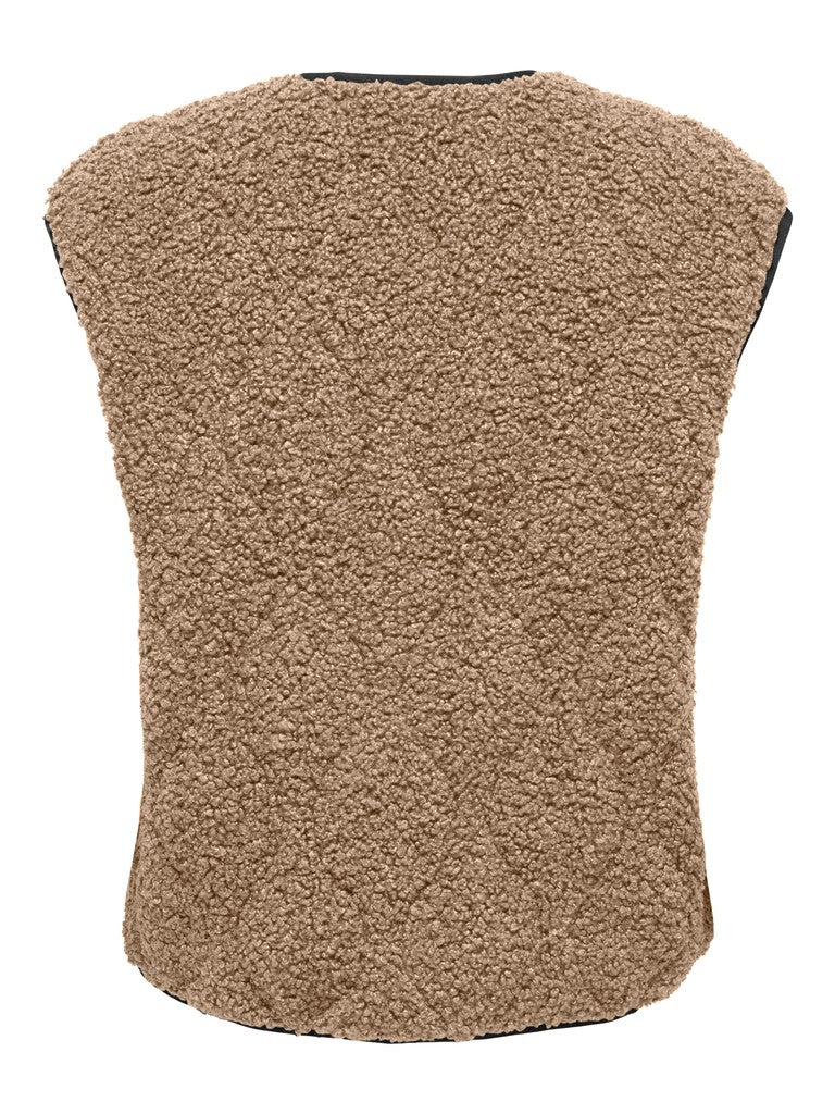 A sleeveless fleece vest in a warm tan or camel brown color, shown from the back against a plain white background.