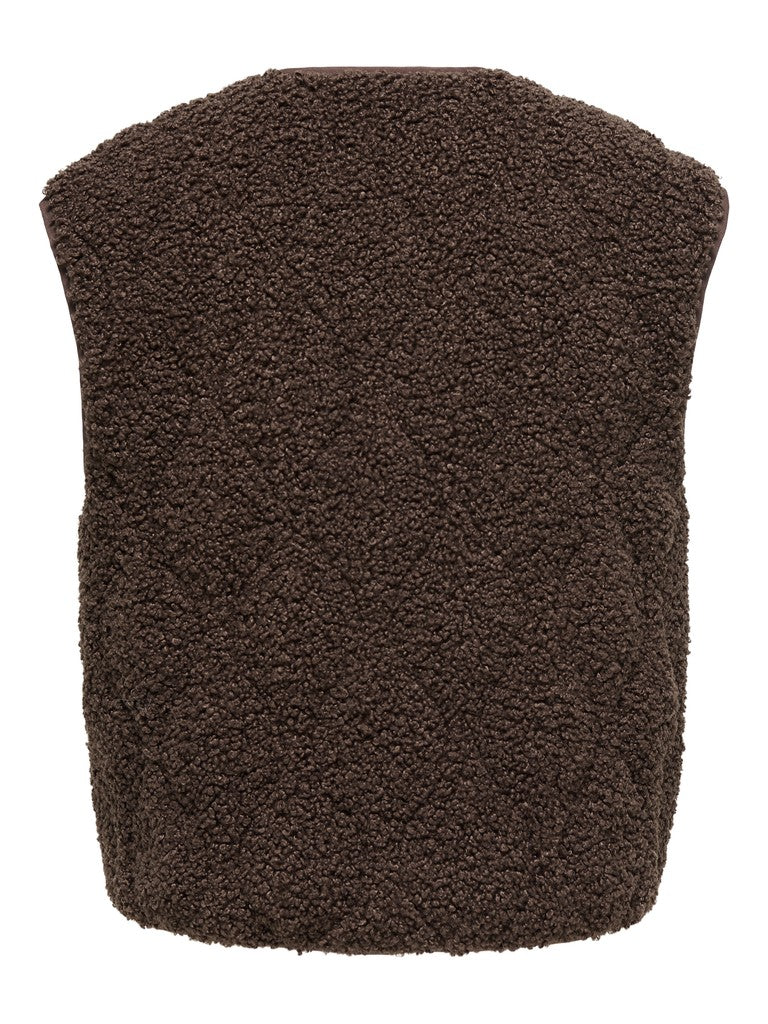 A sleeveless brown fleece vest with a textured sherpa-like fabric, shown against a plain white background.
