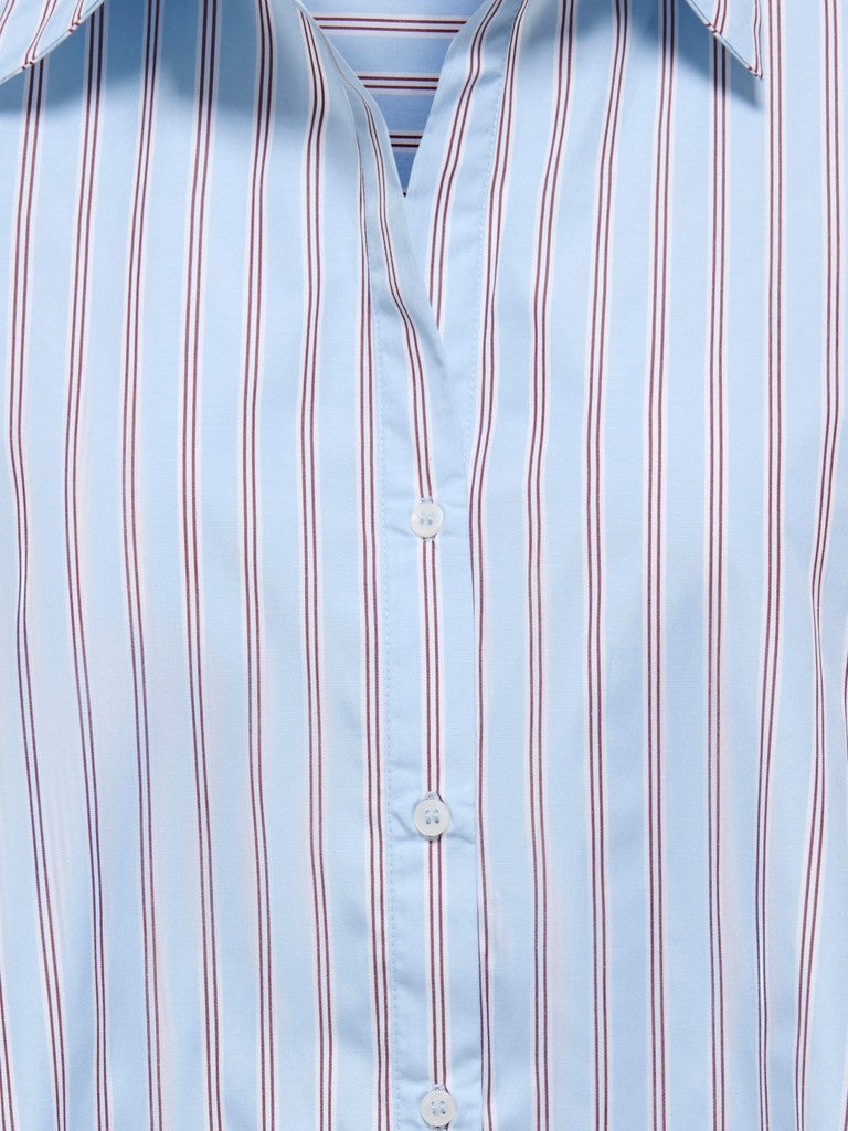Close-up of a light blue button-down shirt with vertical red and white pinstripes.