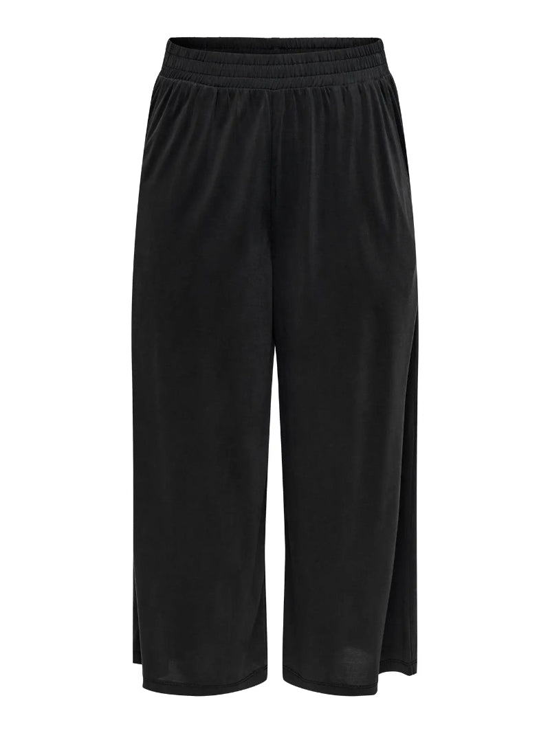 Black wide-leg culotte pants on a white background