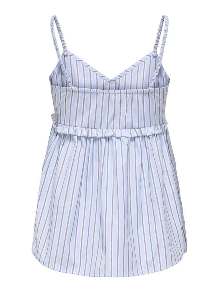 Blue and white striped vest top with thin straps on a white background