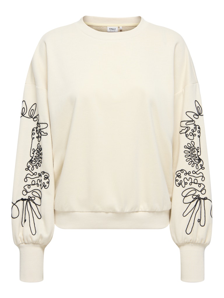 Only Brooke  White sweatshirt with black floral patterns on sleeves against a white background