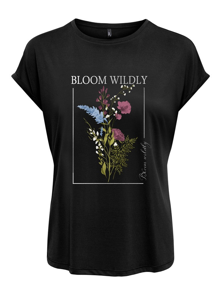 A black short-sleeve t-shirt with a 'BLOOM WILDLY' floral graphic on the front, displayed on a clean white background.